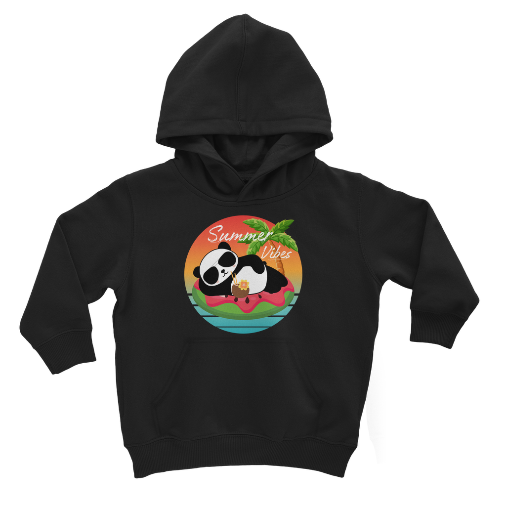 Kids black hoodie featuring a fun panda graphic lounging on a watermelon float with a tropical sunset and palm tree.
