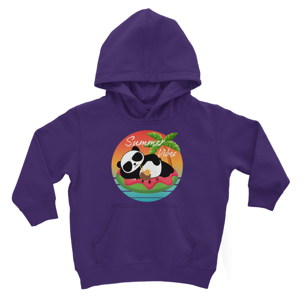 Purple pullover hoodie for kids featuring a fun panda graphic lounging on a watermelon float with a tropical sunset and palm tree.