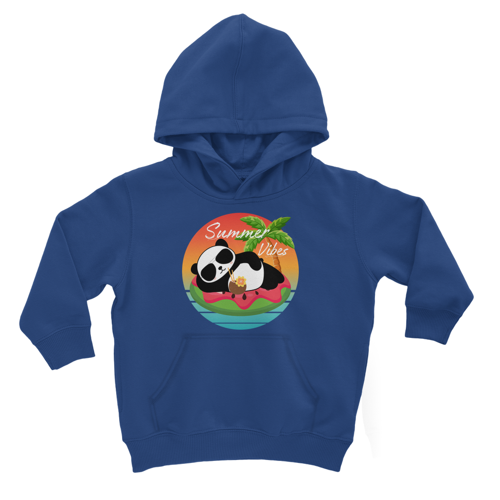 Kids royal blue hoodie featuring a “Summer Vibes” panda graphic lounging on a watermelon float with a tropical sunset and palm tree.