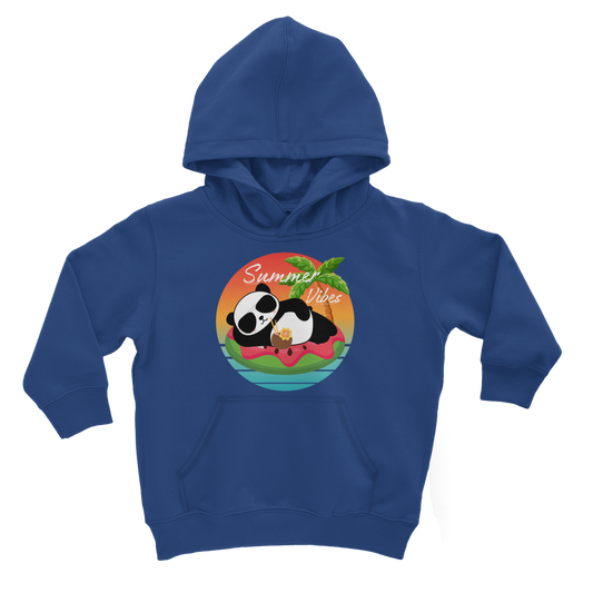 Kids royal blue hoodie featuring a “Summer Vibes” panda graphic lounging on a watermelon float with a tropical sunset and palm tree.