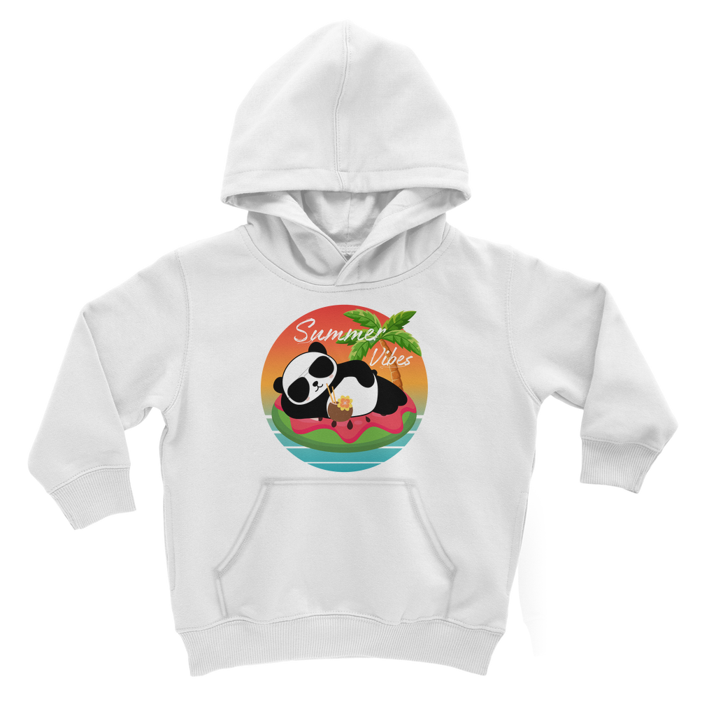 Kids white pullover hoodie with a fun panda graphic lounging on a watermelon float with a tropical sunset and palm tree.