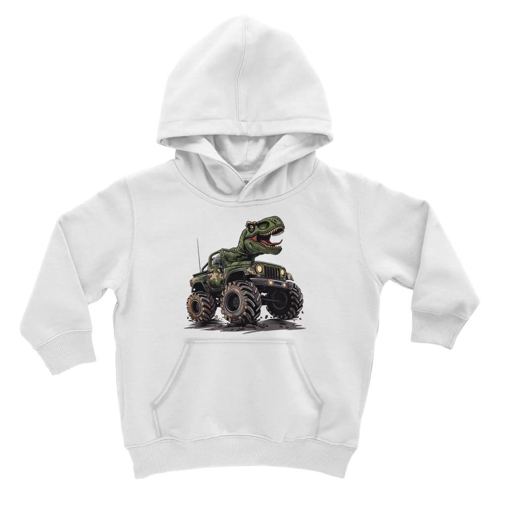 Army Camouflage Themed Monster Truck 4x4 with T-rex - Kids Hoodie