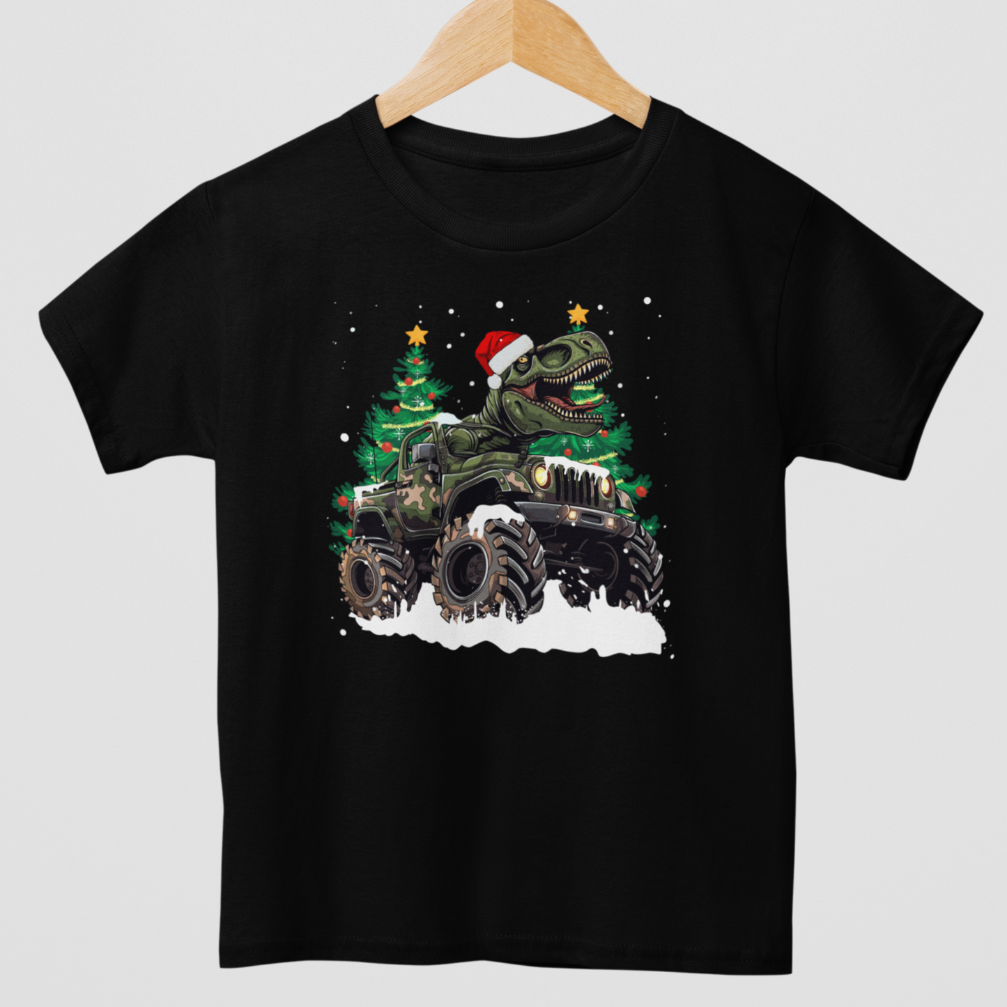 Kids Christmas T-rex Monster Truck Cotton T-shirt