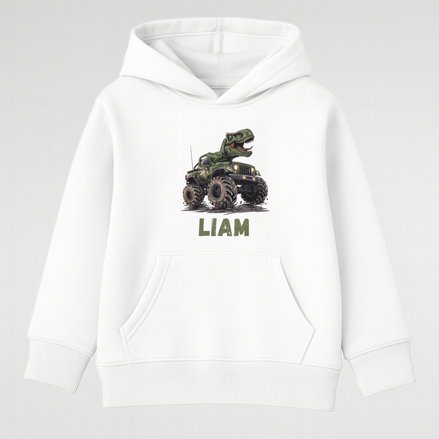 White kids hoodie with T-Rex riding camo monster truck and green personalised name Liam on the front