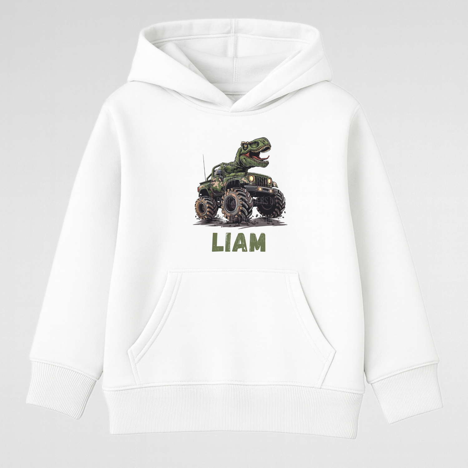 White kids hoodie with T-Rex riding camo monster truck and green personalised name Liam on the front