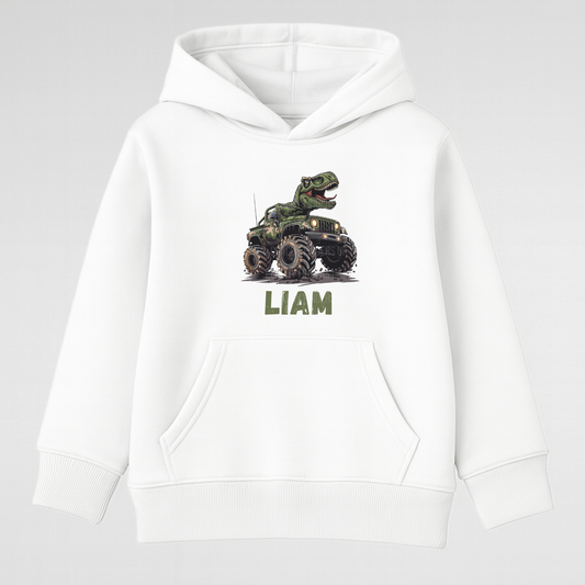 White kids hoodie with T-Rex riding camo monster truck and green personalised name Liam on the front