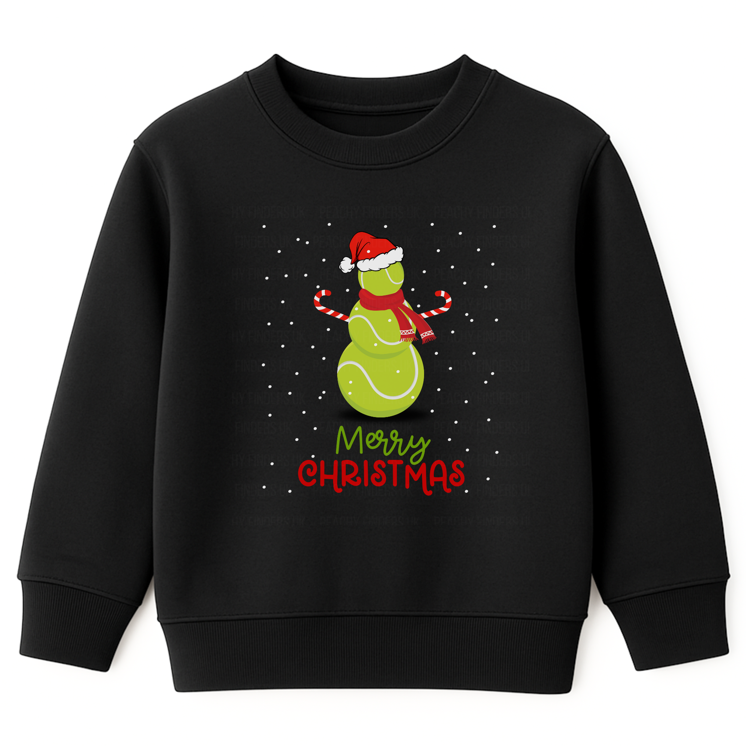 Kids black Christmas sweatshirt with a cute tennis ball snowman wearing a Santa hat and scarf, surrounded by falling snow and the text ‘Merry Christmas’ in festive red and green lettering.