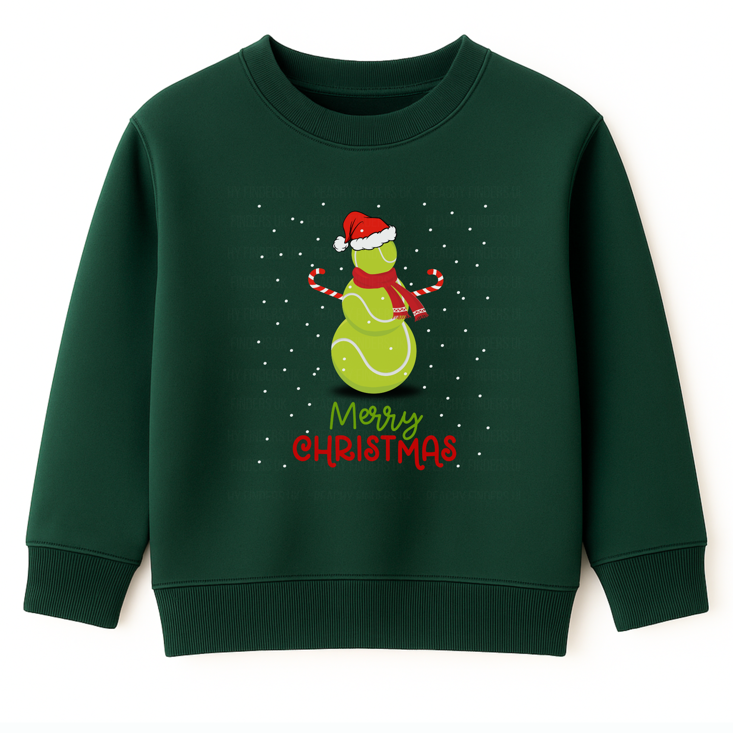 Kids dark green Christmas sweatshirt with a cute tennis ball snowman wearing a Santa hat and scarf, surrounded by falling snow and the text ‘Merry Christmas’ in festive red and green lettering.
