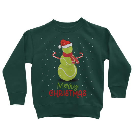 Kids dark green Christmas sweatshirt featuring a festive snowman made of tennis balls, wearing a Santa hat and red scarf, with falling snow and “Merry Christmas” text.