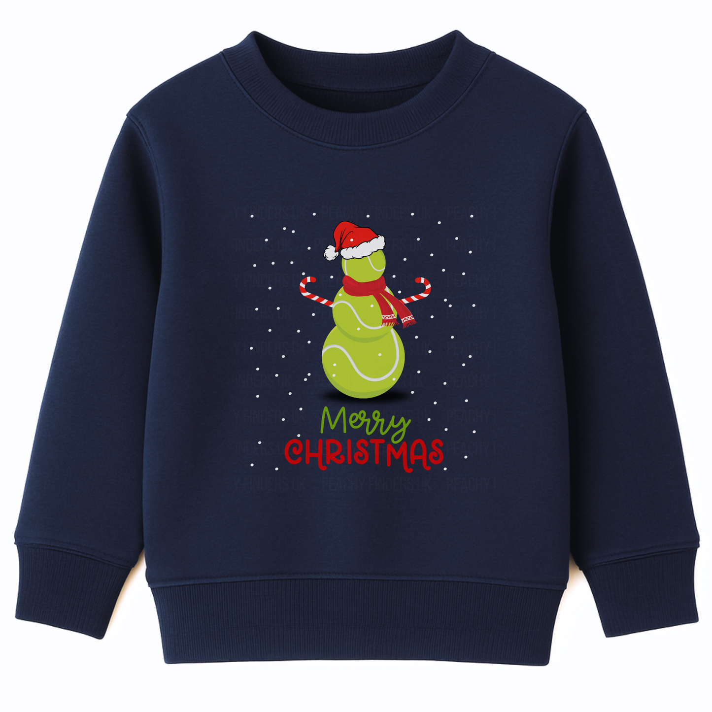 Kids navy Christmas sweatshirt with a cute tennis ball snowman wearing a Santa hat and scarf, surrounded by falling snow and the text ‘Merry Christmas’ in festive red and green lettering.