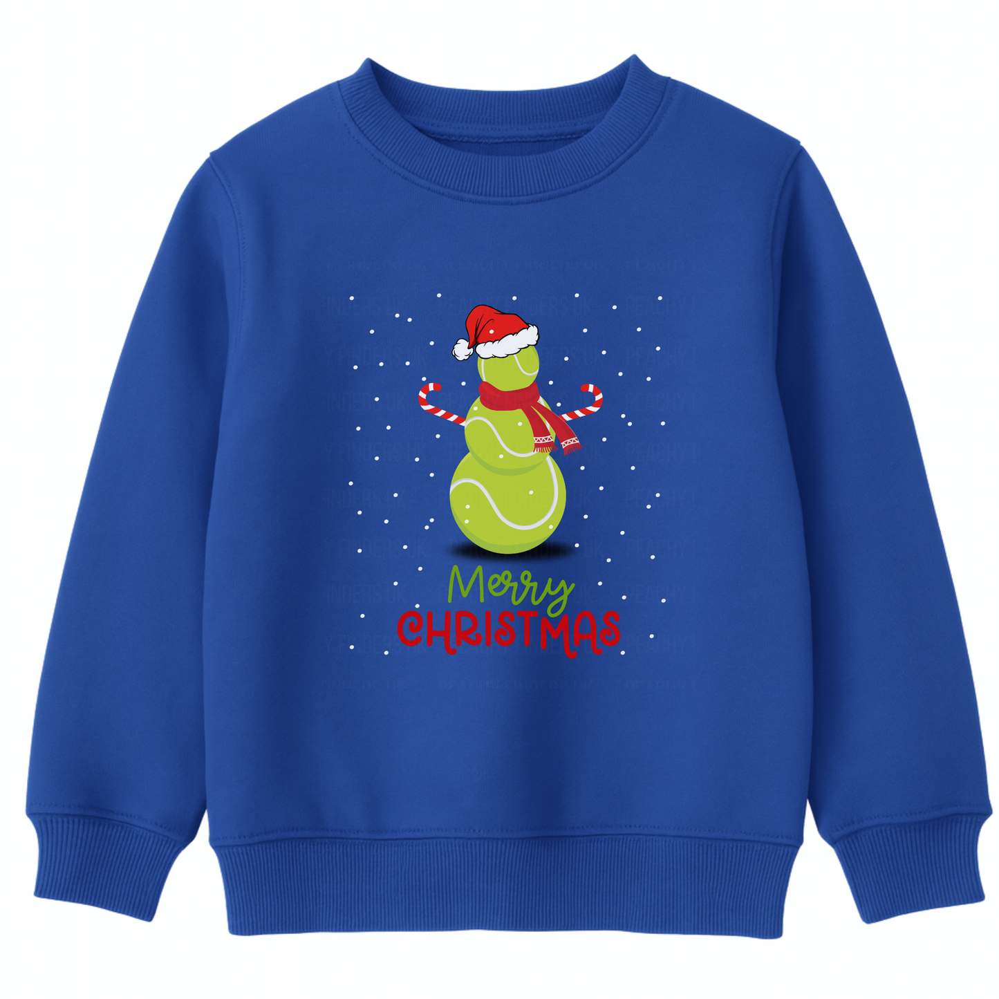 Kids royal blue Christmas sweatshirt with a cute tennis ball snowman wearing a Santa hat and scarf, surrounded by falling snow and the text ‘Merry Christmas’ in festive red and green lettering.