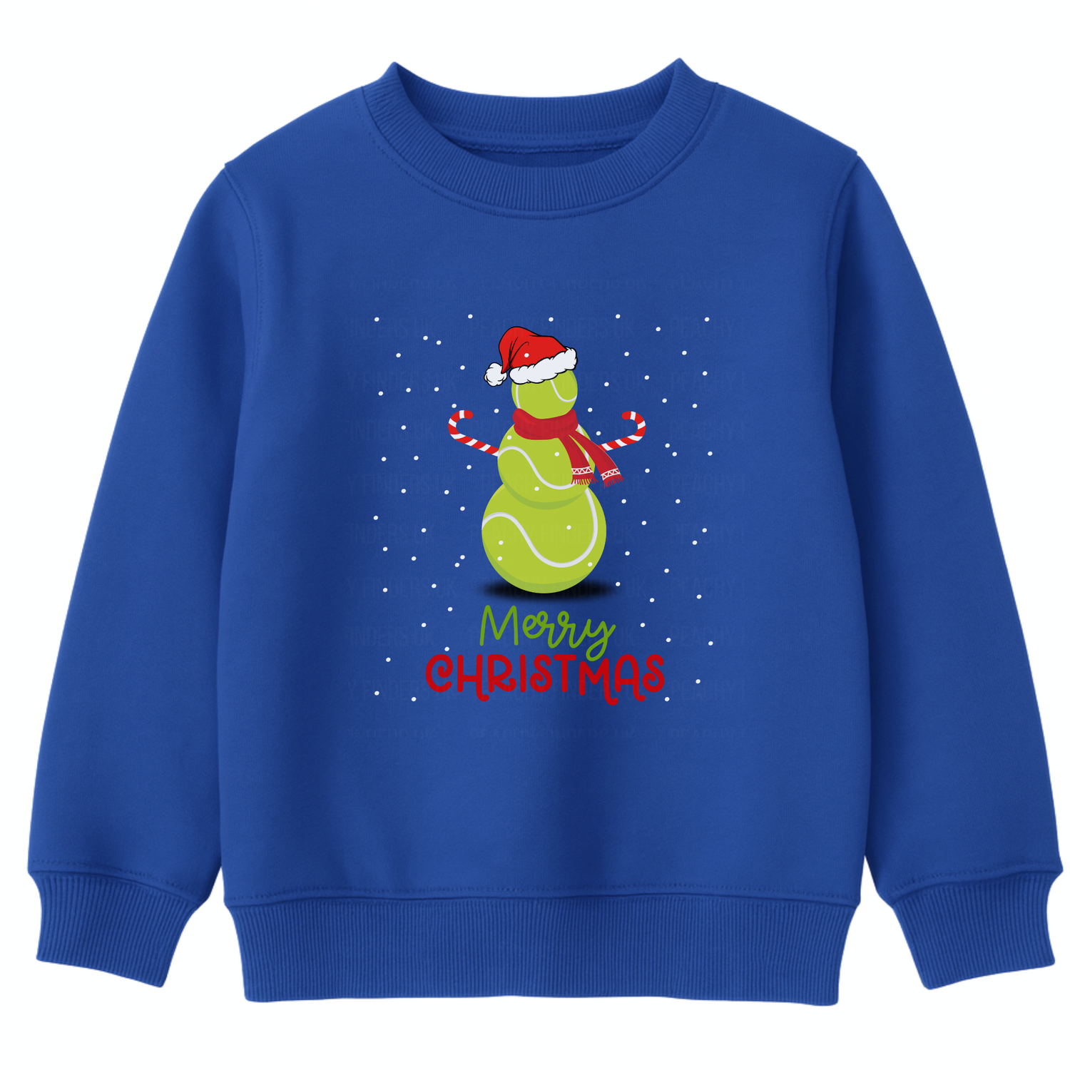 Kids royal blue Christmas sweatshirt with a cute tennis ball snowman wearing a Santa hat and scarf, surrounded by falling snow and the text ‘Merry Christmas’ in festive red and green lettering.