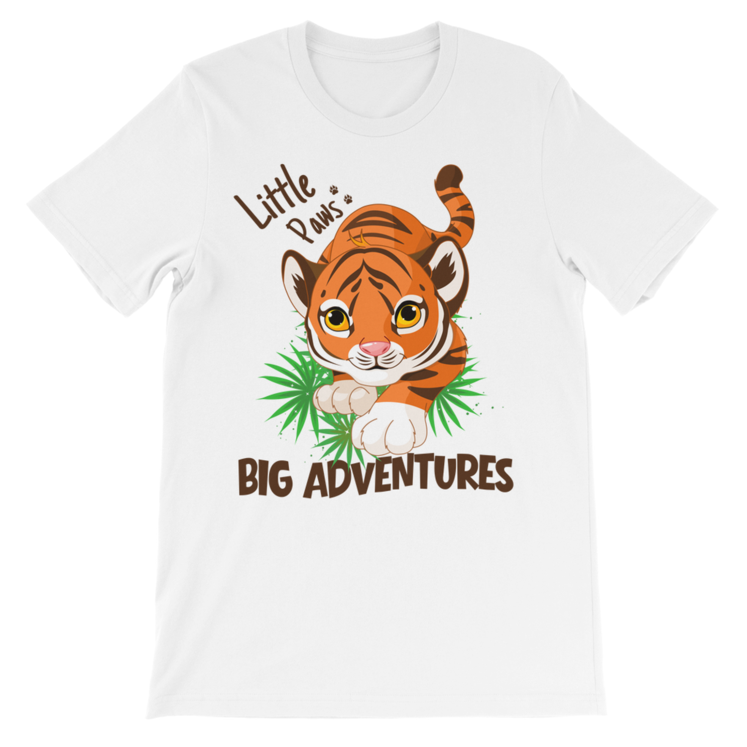 A kids white short-sleeve crewneck t-shirt featuring a cartoon graphic of a cute tiger cub walking on green leaves, with the text 'Little Paws, BIG ADVENTURES".