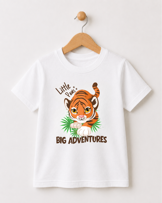 A white short-sleeve kids t-shirt hanging on a wooden hanger against a light beige wall. The shirt features a cartoon graphic of a cute orange and brown striped tiger walking on green leaves, with the text 'Little Paw's' above and 'BIG ADVENTURES' below.