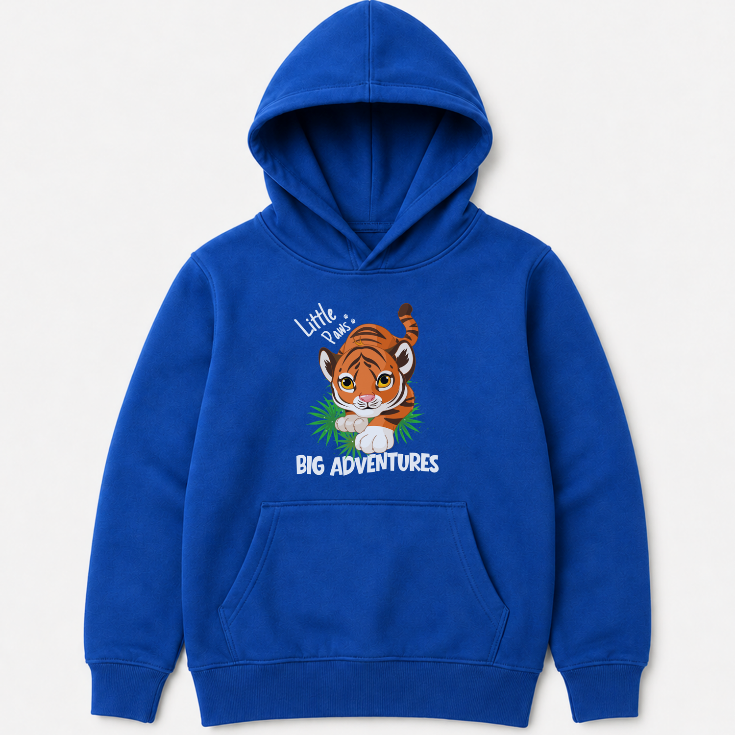 A royal blue kids pullover hoodie with a front kangaroo pocket and a graphic of a cute cartoon tiger cub holding green leaves, with the text 'Little Paws, BIG ADVENTURES'.