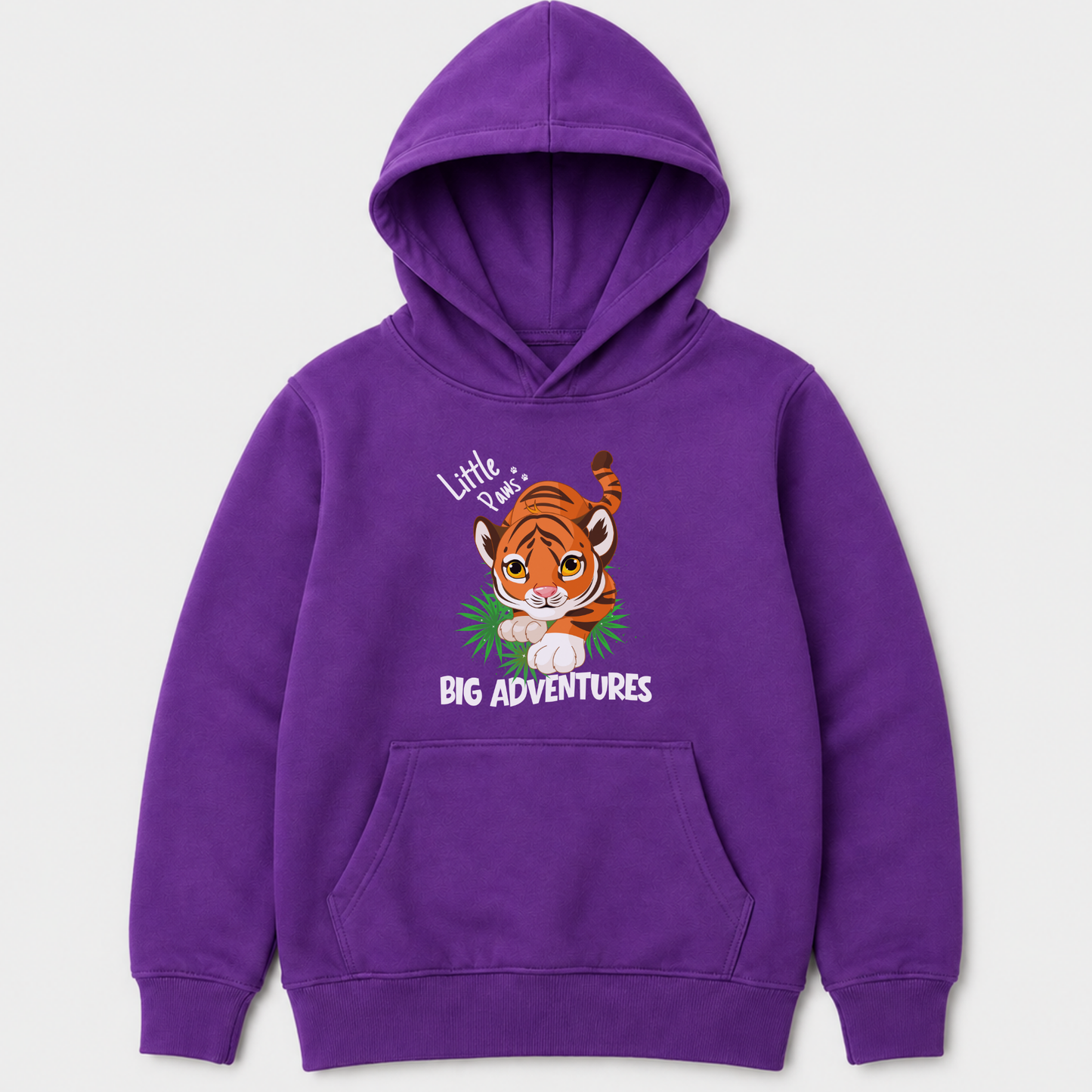 A purple kids pullover hoodie featuring a cartoon tiger graphic with the text 'Little Paws, BIG ADVENTURES' on the chest, displayed against a light grey background.