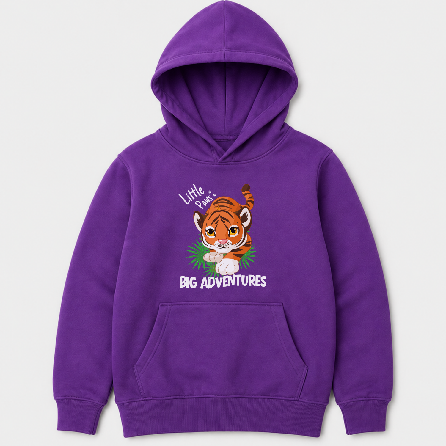 A purple kids pullover hoodie featuring a cartoon tiger graphic with the text 'Little Paws, BIG ADVENTURES' on the chest, displayed against a light grey background.