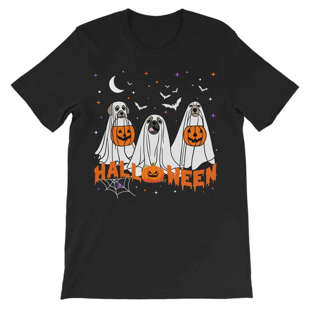 Kids black Halloween t-shirt featuring three cute dogs dressed as ghosts holding pumpkins, with bats, stars, moon and “Halloween” text.