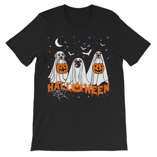 Kids black Halloween t-shirt featuring three cute dogs dressed as ghosts holding pumpkins, with bats, stars, moon and “Halloween” text.