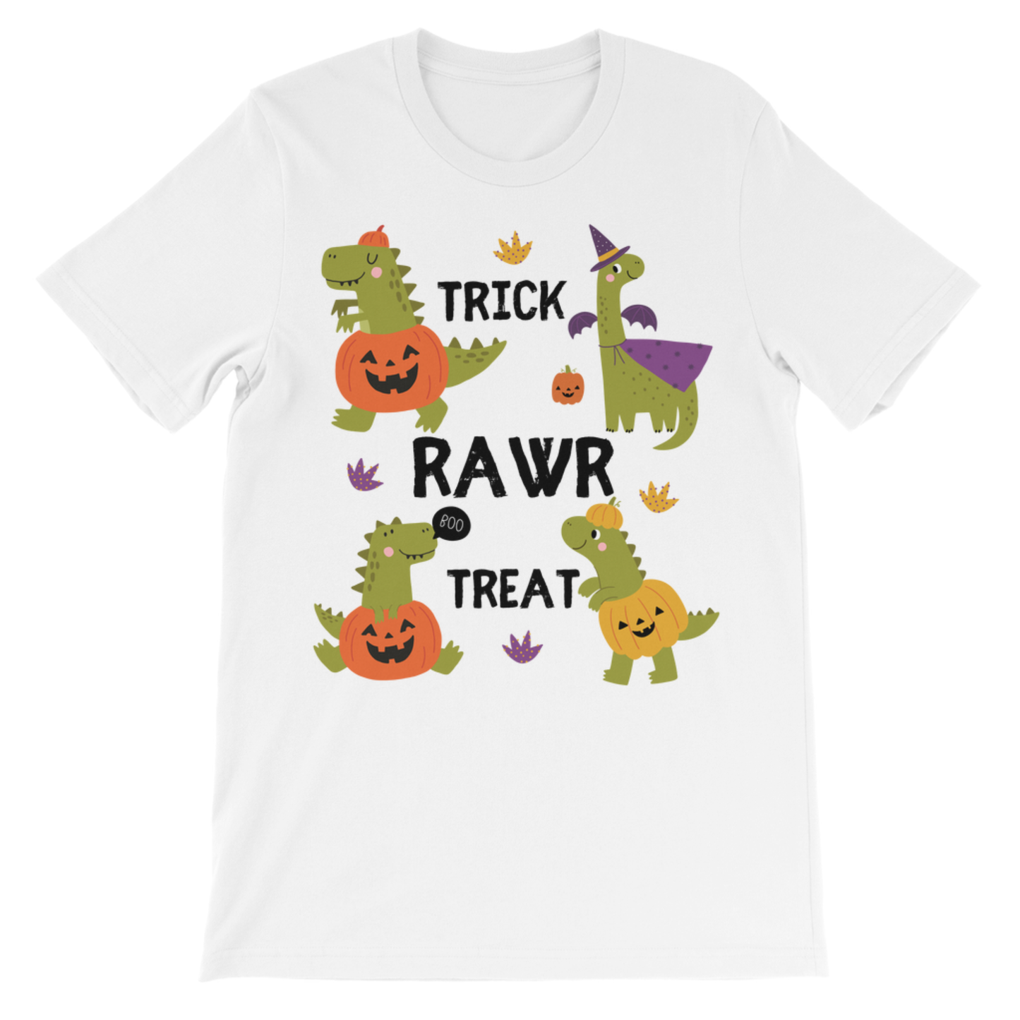 White children’s Halloween T-shirt featuring four dinosaurs in pumpkin costumes and the words Trick Rawr Treat.