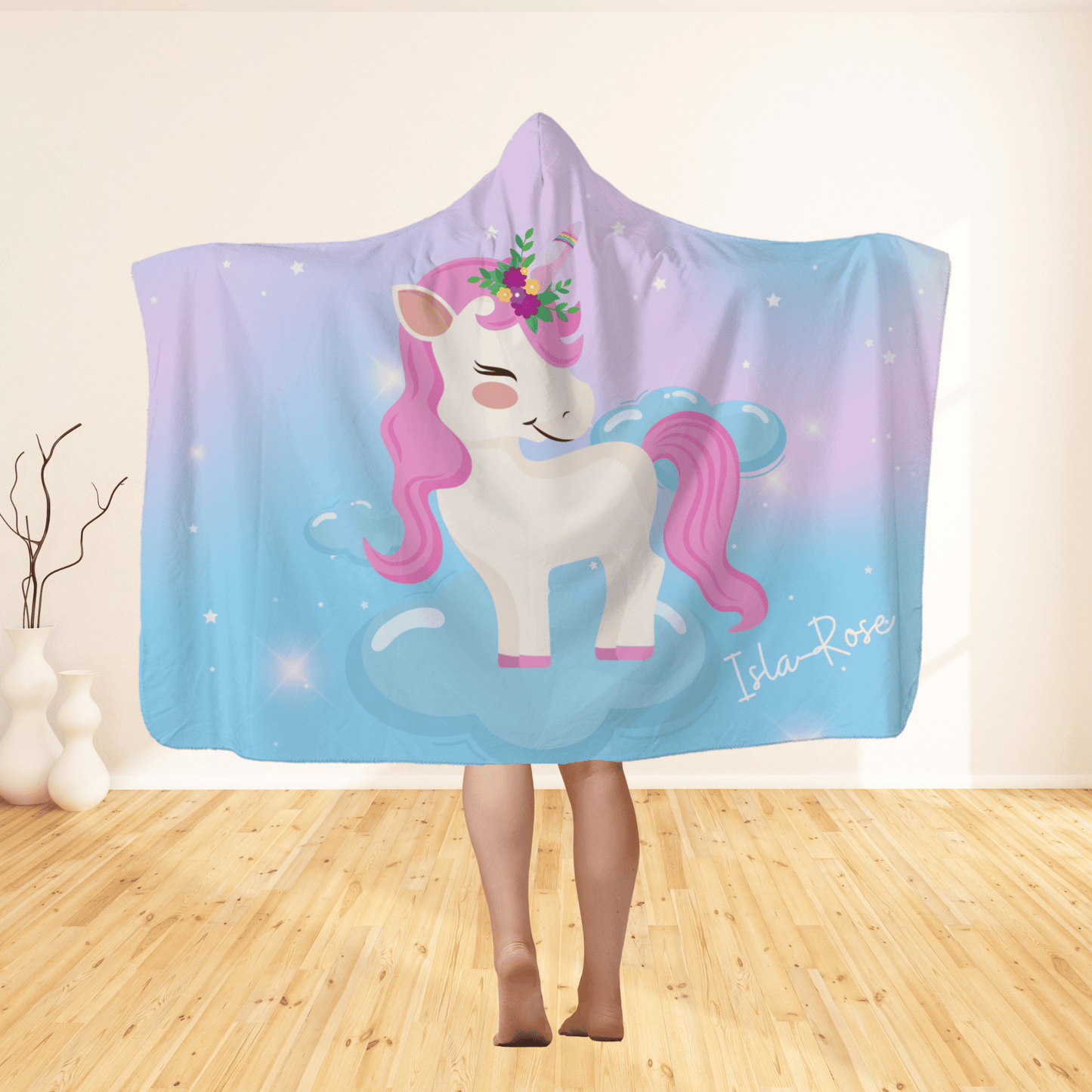 Girls Hooded Blanket; Unicorn on clouds personalised with a childs name