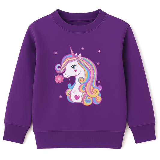 Girls purple graphic sweatshirt featuring a pastel rainbow unicorn with long colourful mane and a pink flower by its mouth, surrounded by small flower accents.