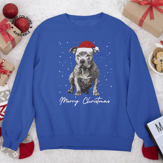 Kids royal blue sweatshirt with a graphic of a Staffordshire Bull Terrier wearing a Santa hat and the text 'Merry Christmas'.