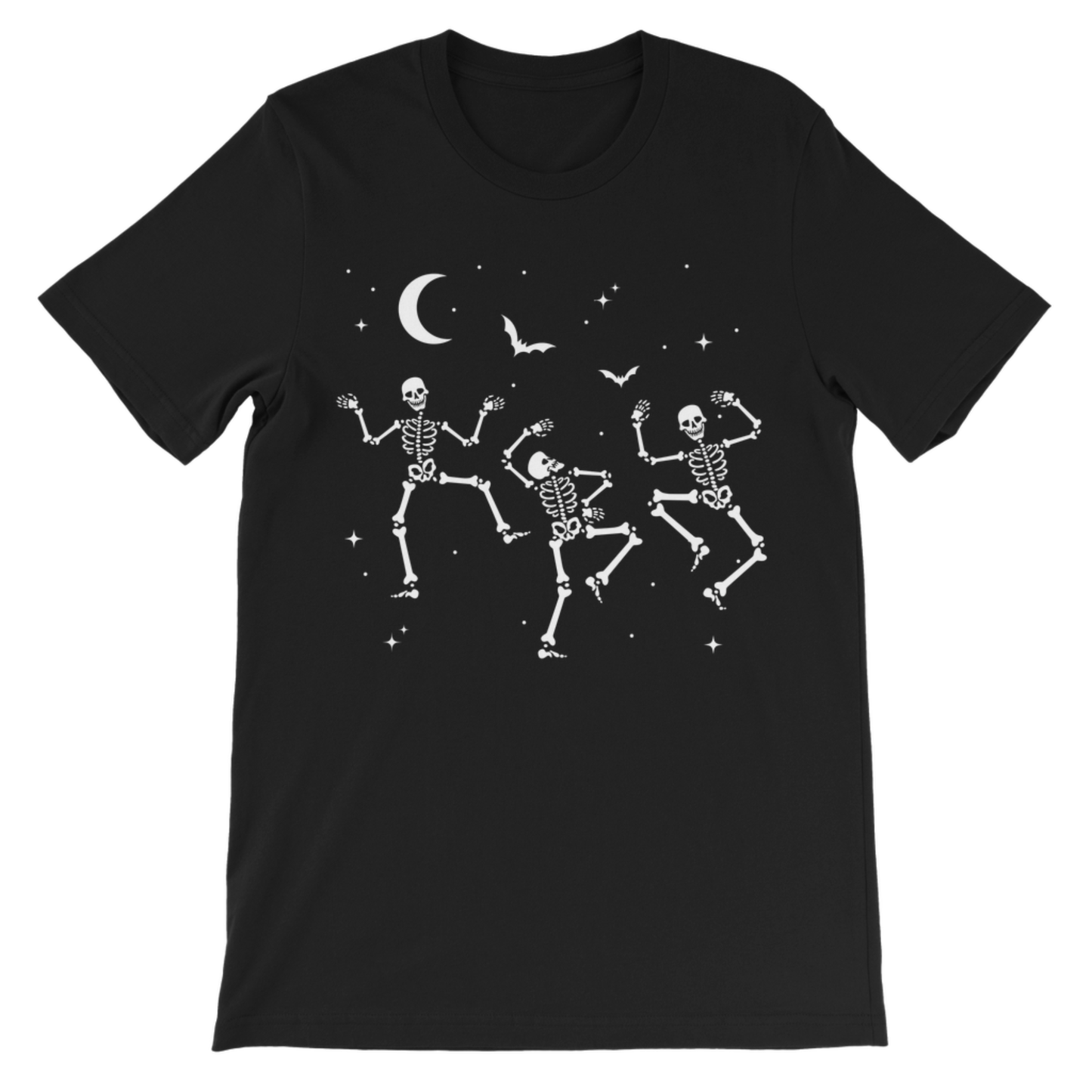 Black kids’ Halloween T-shirt featuring three dancing skeletons, bats, stars and a crescent moon.