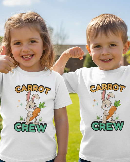 Kids wearing Carrot Crew bunny and carrot Easter t-shirts in sunny garden