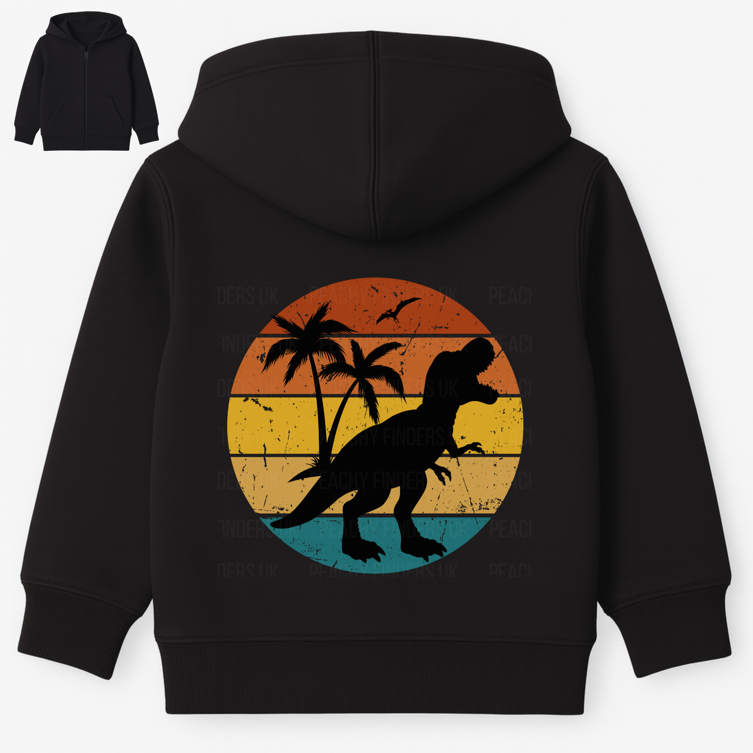 Black kids zip hoodie back view with retro sunset T-Rex silhouette and palm trees print - small image of front of zip hoodie