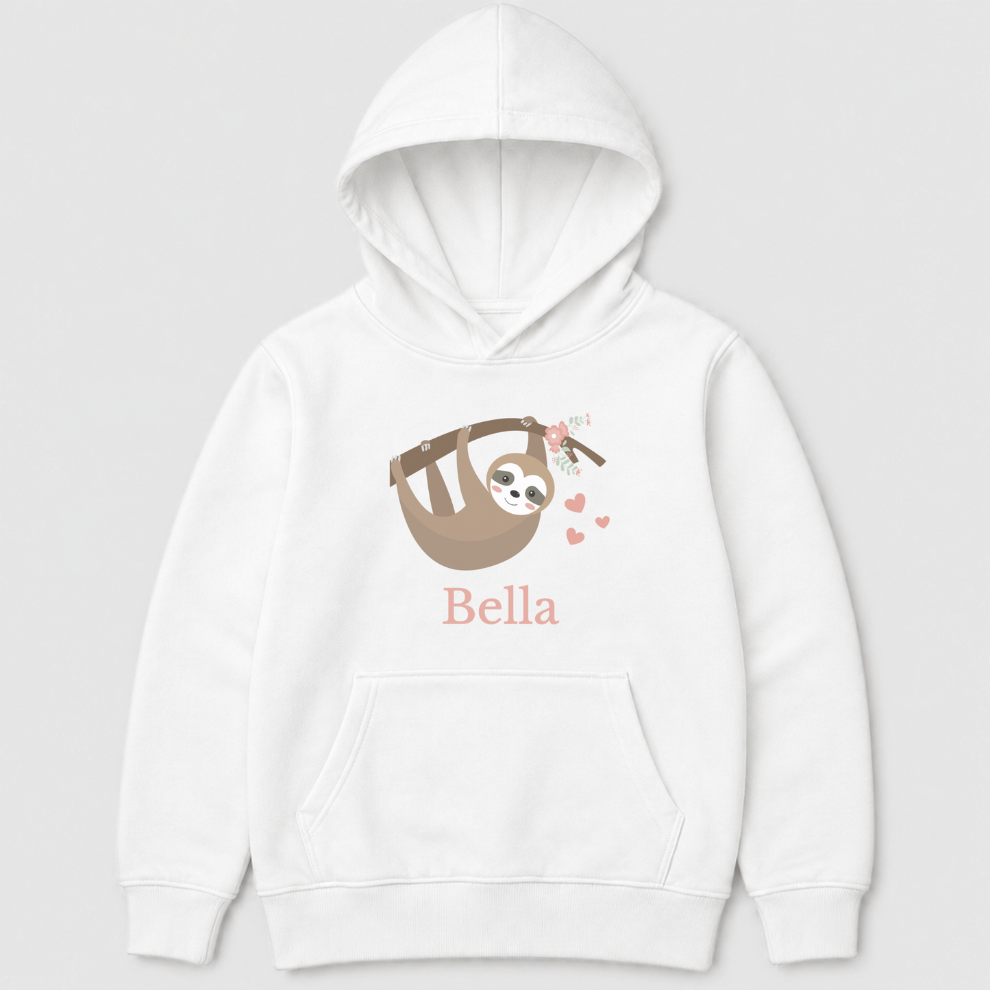 White kids hoodie with a brown sloth hanging from a branch decorated with pink flowers and leaves, finished with heart motifs and the name Bella.