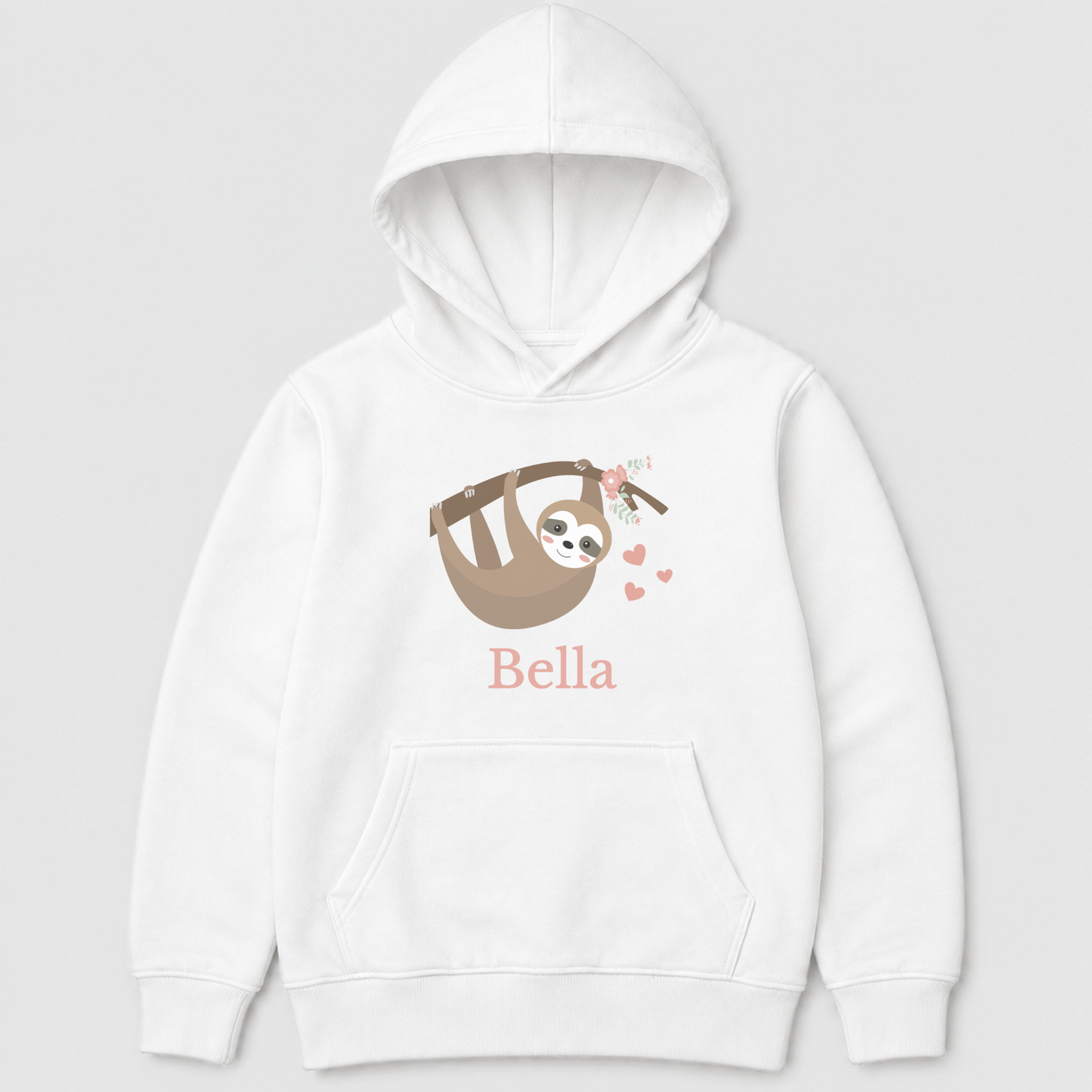 White kids hoodie with a brown sloth hanging from a branch decorated with pink flowers and leaves, finished with heart motifs and the name Bella.