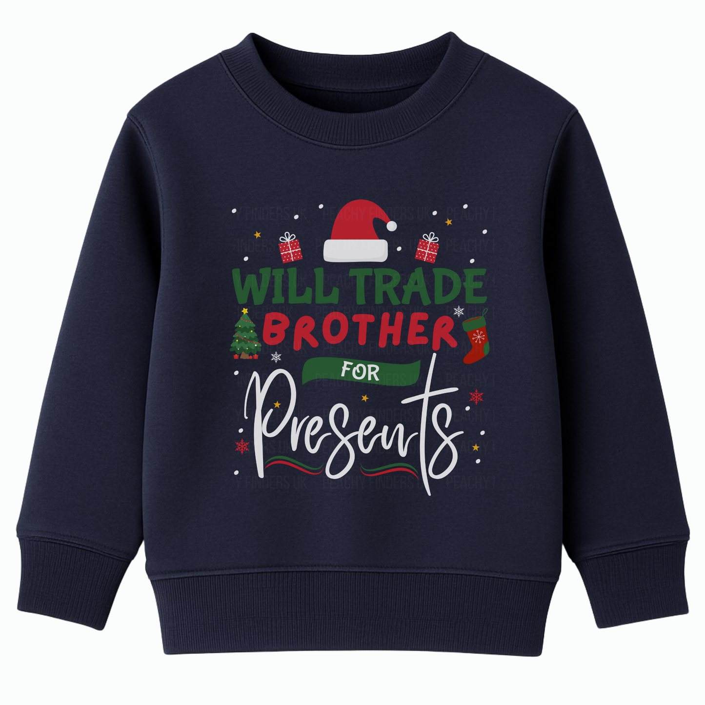 Kids navy Christmas sweatshirts with festive text reading “Will Trade Brother for Presents” 