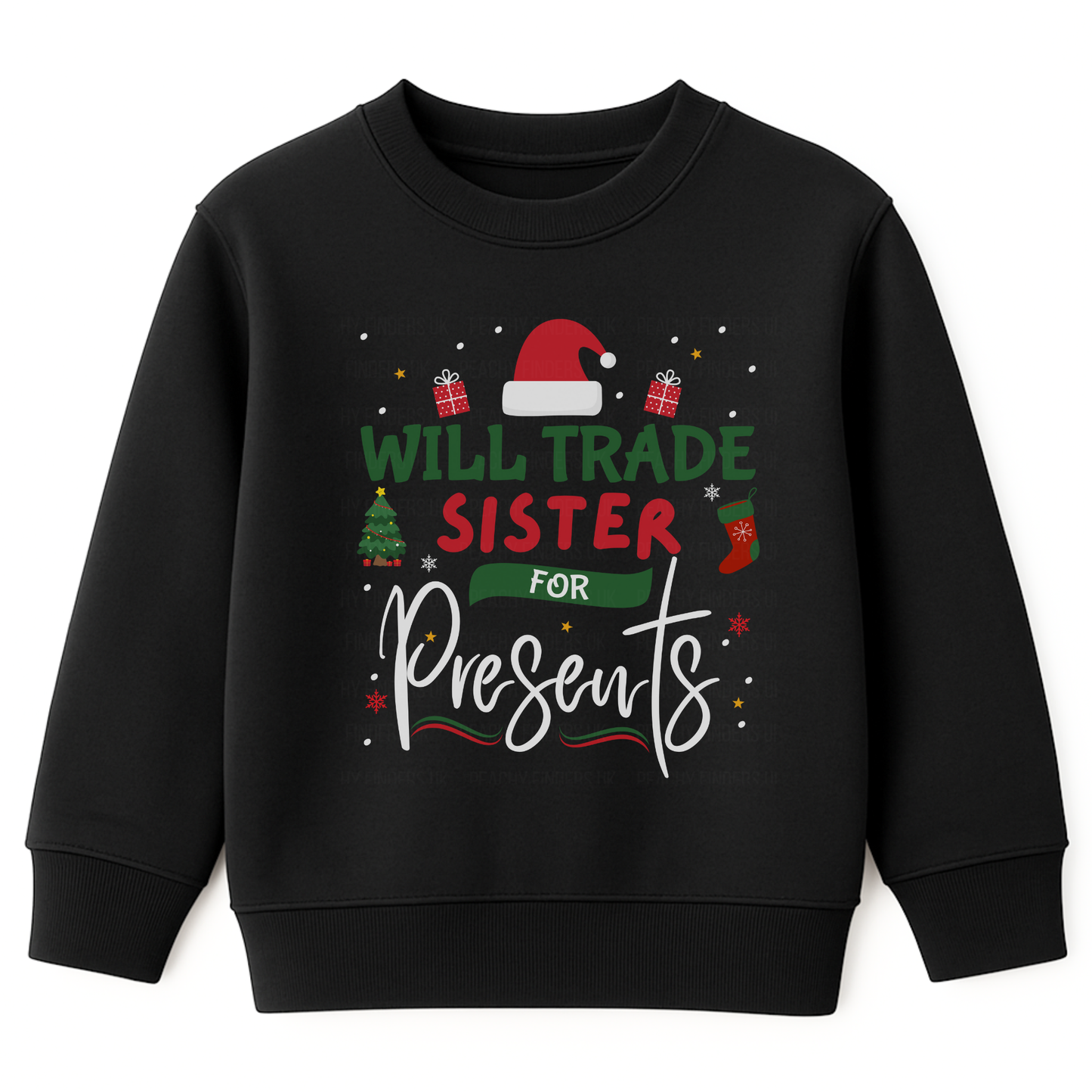 Kids black Christmas sweatshirts with festive text reading “Will Trade Sister for Presents” 