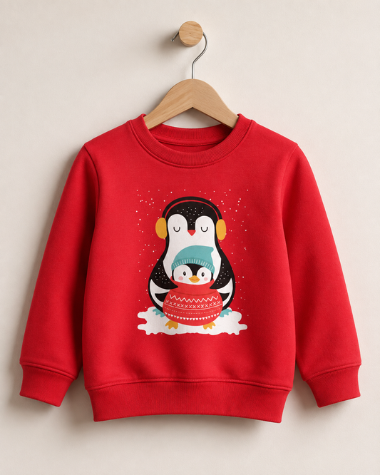 A kids red long-sleeve crewneck sweatshirt for kids, hanging on a wooden hanger against a light beige wall. The sweatshirt features a cute graphic of a penguin wearing black and white winter gear with yellow earmuffs, holding a small penguin in a red knit sweater on a snowy base.