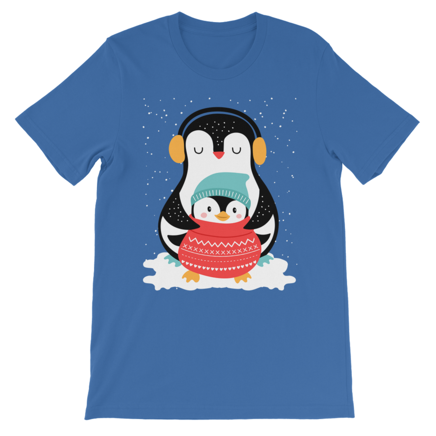 Children's blue short-sleeve crewneck t-shirt featuring a cartoon penguin graphic on the front. The penguin illustration shows a larger black and white penguin wearing yellow headphones and hugging a smaller penguin wrapped in a red knit sweater, with white snow details around them.