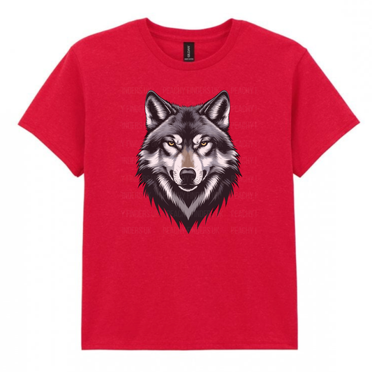 Kids red t-shirt featuring a fierce wolf face graphic on the front.