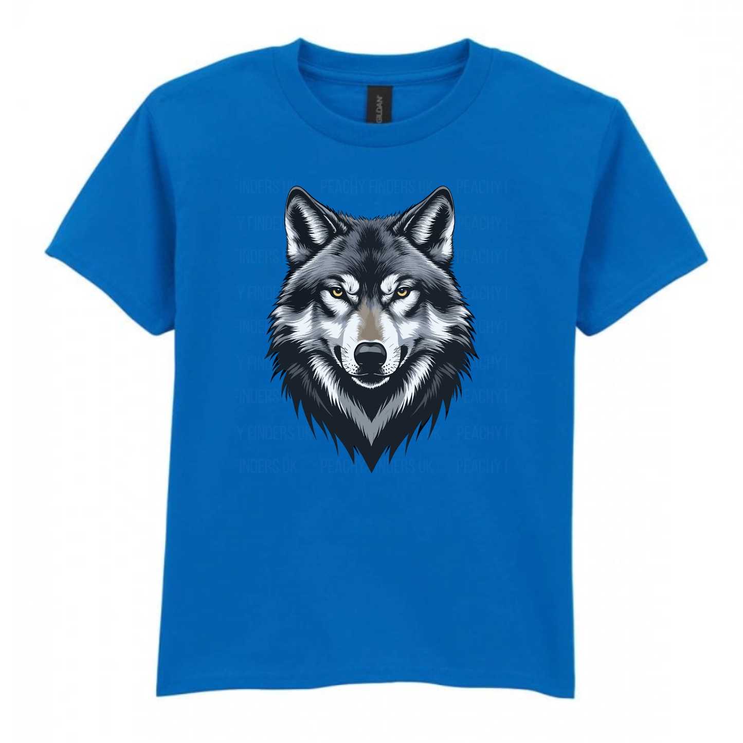 Kids royal blue t-shirt featuring a fierce wolf face graphic on the front.