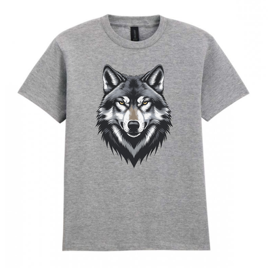 Kids sport grey tee featuring a fierce wolf face graphic on the front.