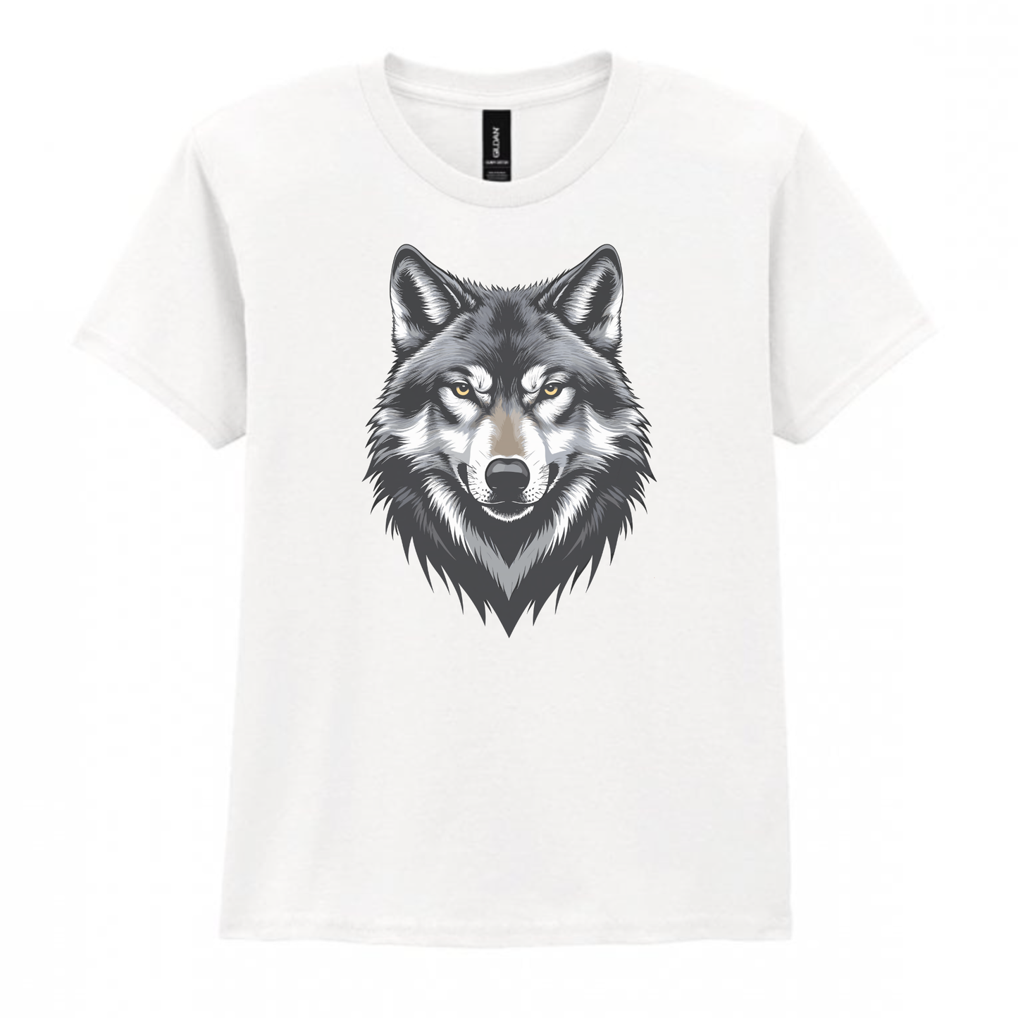 Kids white t-shirt featuring a fierce wolf face graphic on the front.