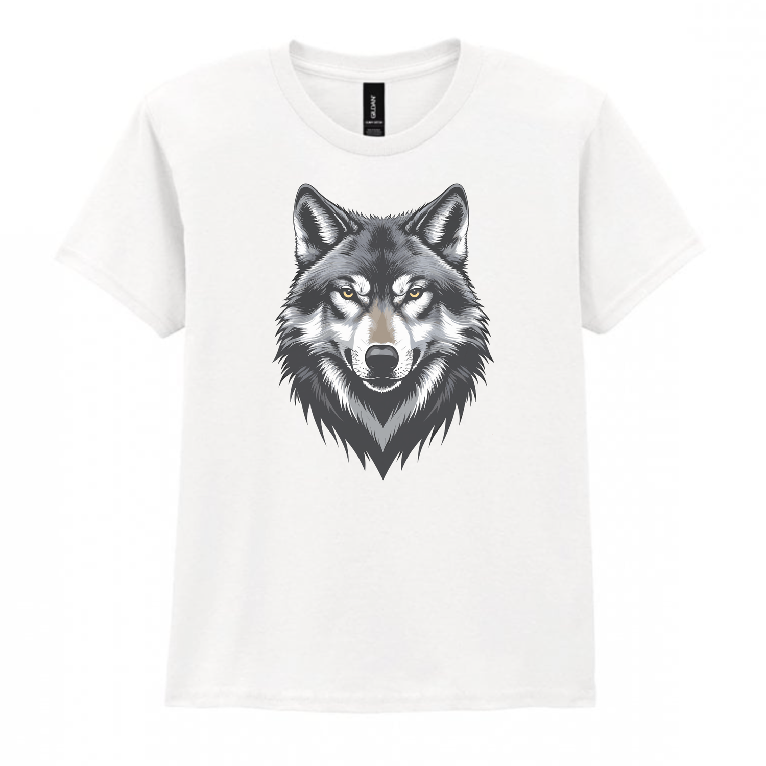 Kids white t-shirt featuring a fierce wolf face graphic on the front.