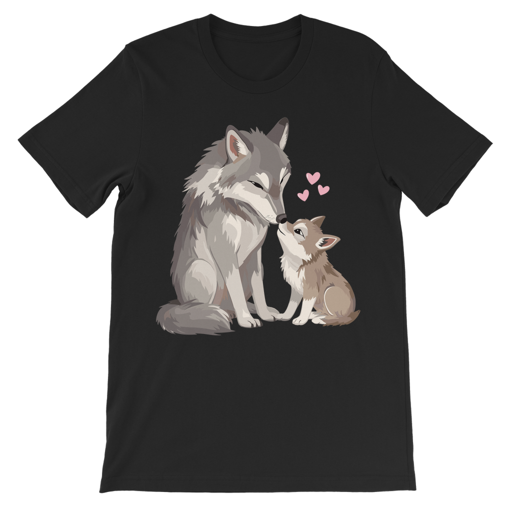 Girls cotton T-shirt in black featuring a cute wolf and pup illustration and three pink hearts.