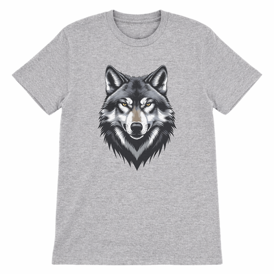 Kids heather grey t-shirt with bold wolf graphic front print flat lay