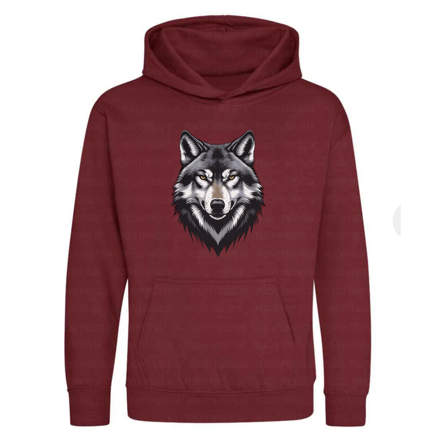 Kids burgundy hoodie with a wolf graphic on a white background