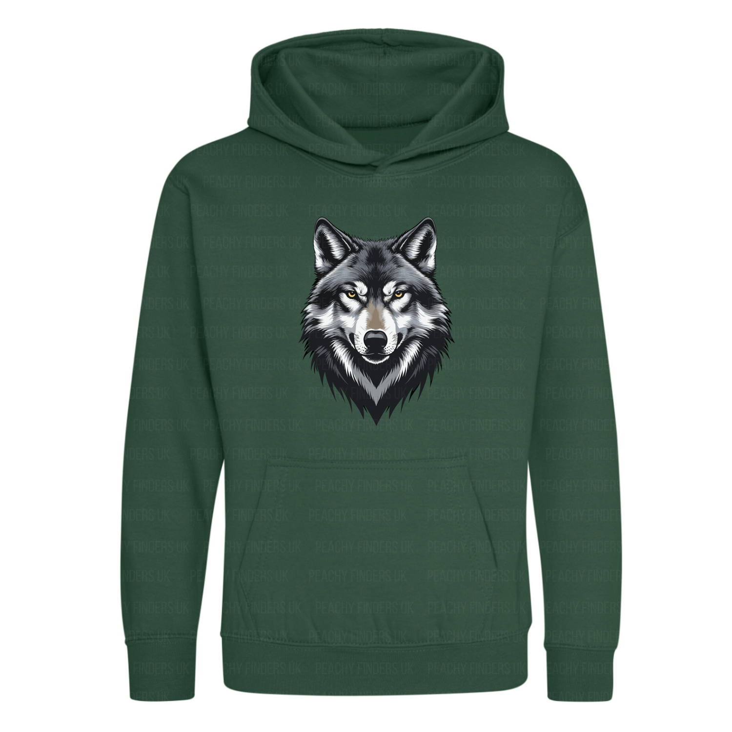 Green hoodie with a wolf graphic on a white background