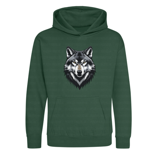 Green hoodie with a wolf graphic on a white background