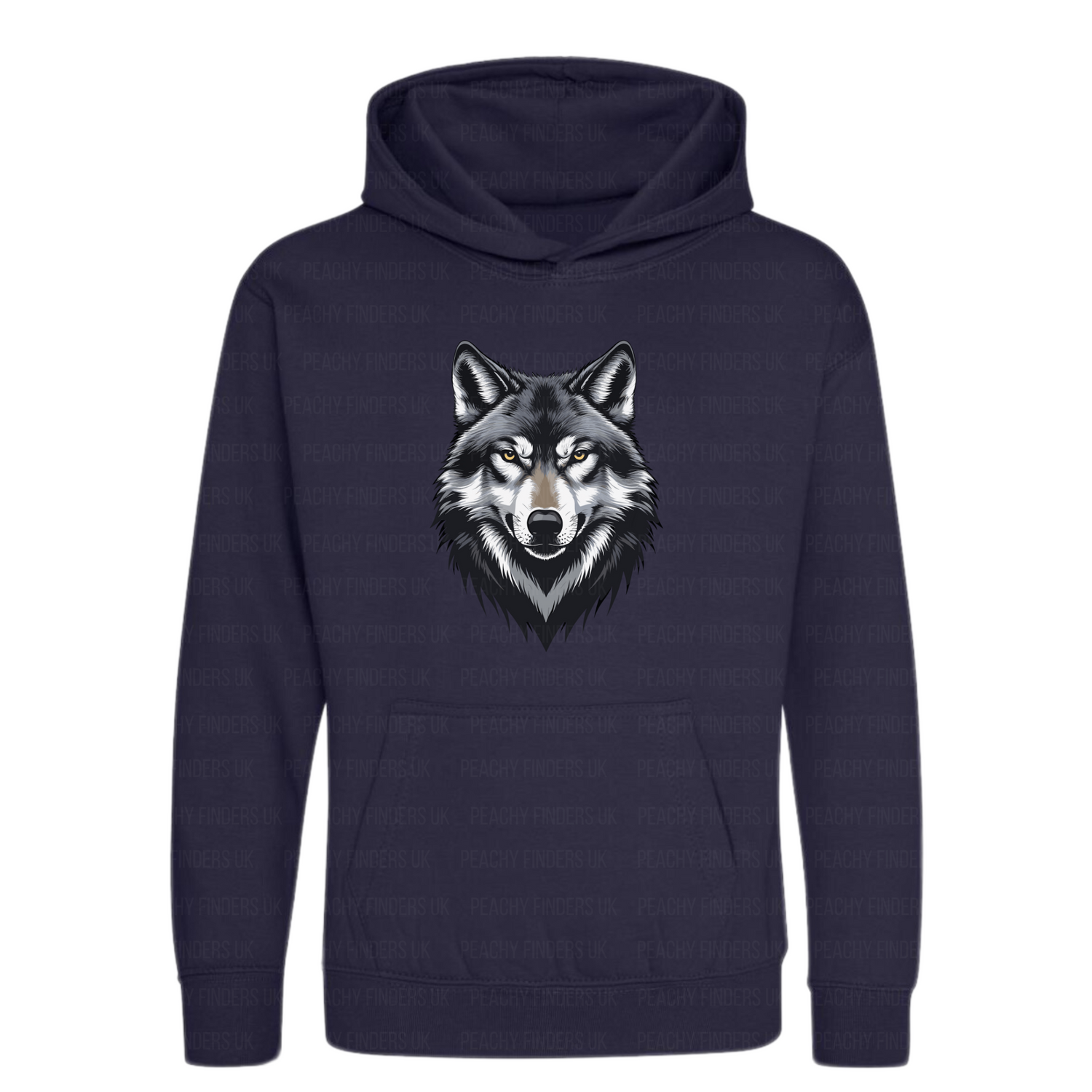 Navy blue hoodie with a wolf graphic on a white background