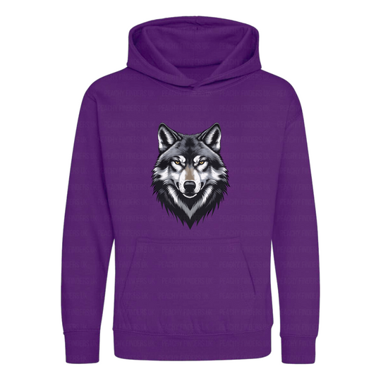 Purple hoodie with a wolf graphic on a white background