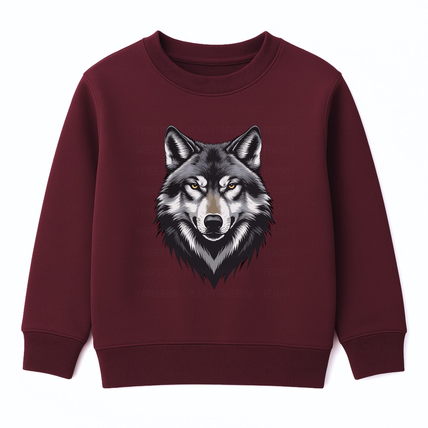 Kids burgundy crewneck sweatshirt with grey wolf head graphic on white background.