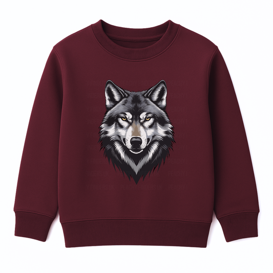 Kids burgundy crewneck sweatshirt with grey wolf head graphic on white background.